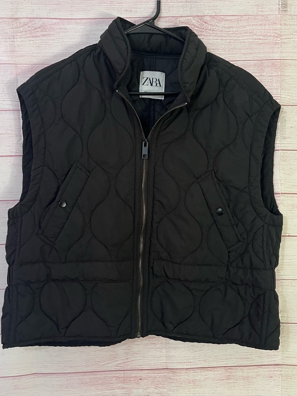 Zara Black Quilted Puffer Vest Hidden Zipper Hood Size Medium